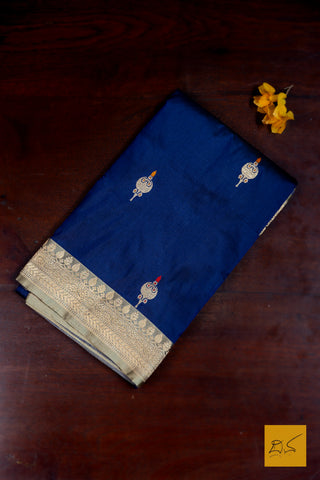 Ajiraa- Navy Blue Banarasi Katan Silk Handwoven Saree