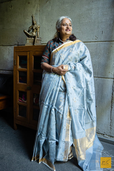 Grey-Blue Silk Handwoven Saree