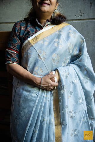Grey-Blue Silk Handwoven Saree