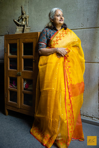 Yellow -Red Muslin Jamdani Handwoven Saree