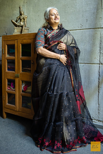 Black- Red Muslin Jamdani Handwoven Saree