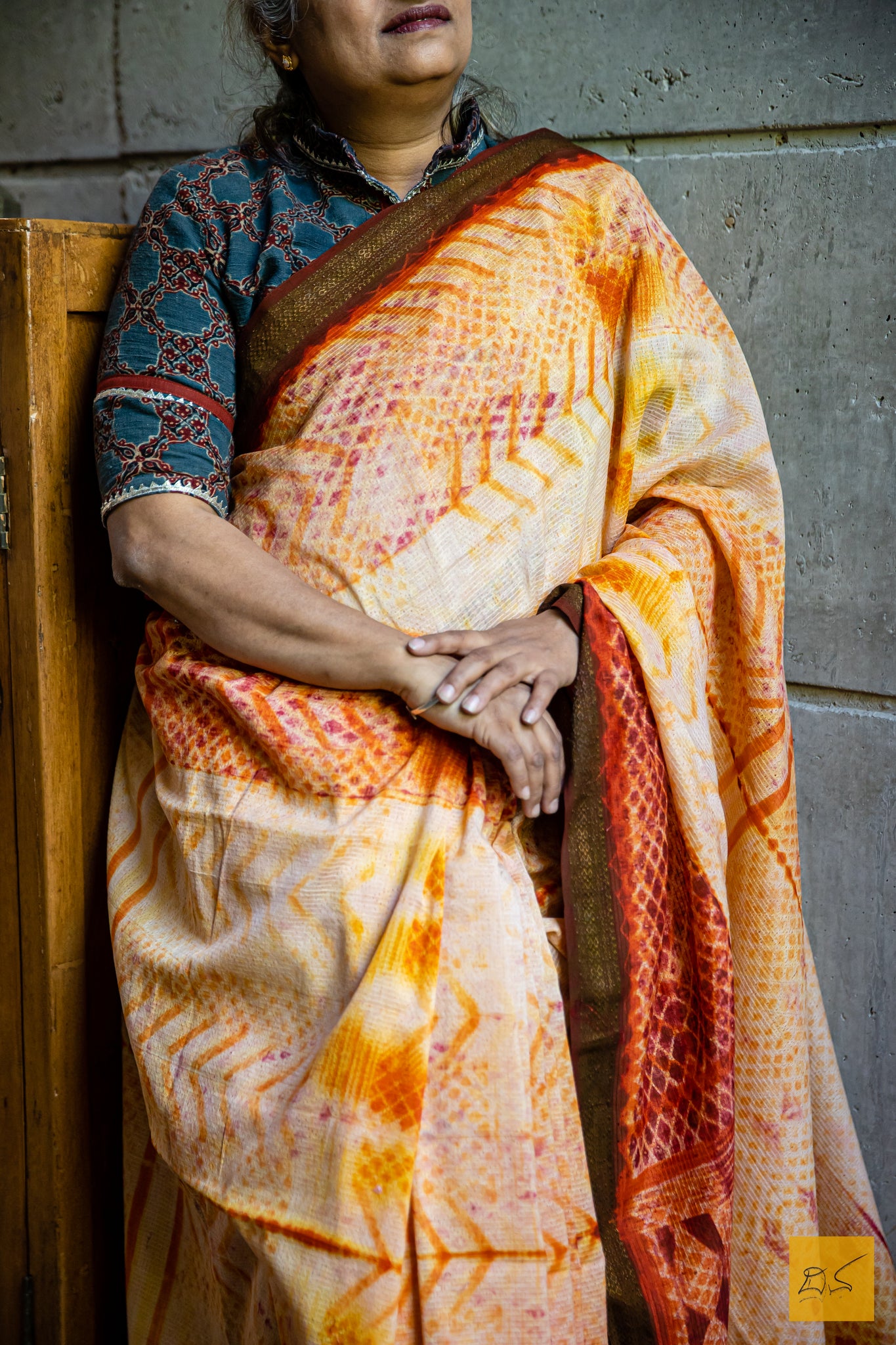 Satyaa - Orange & Orangish Red Silk Cotton Shibori Handmade saree