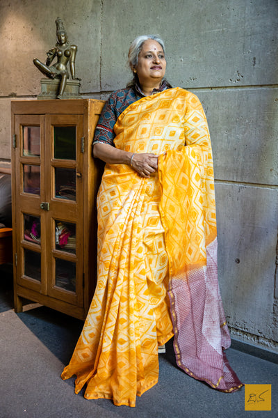 Shankari- Orange & Mauve Silk Cotton Shibori Handmade Saree