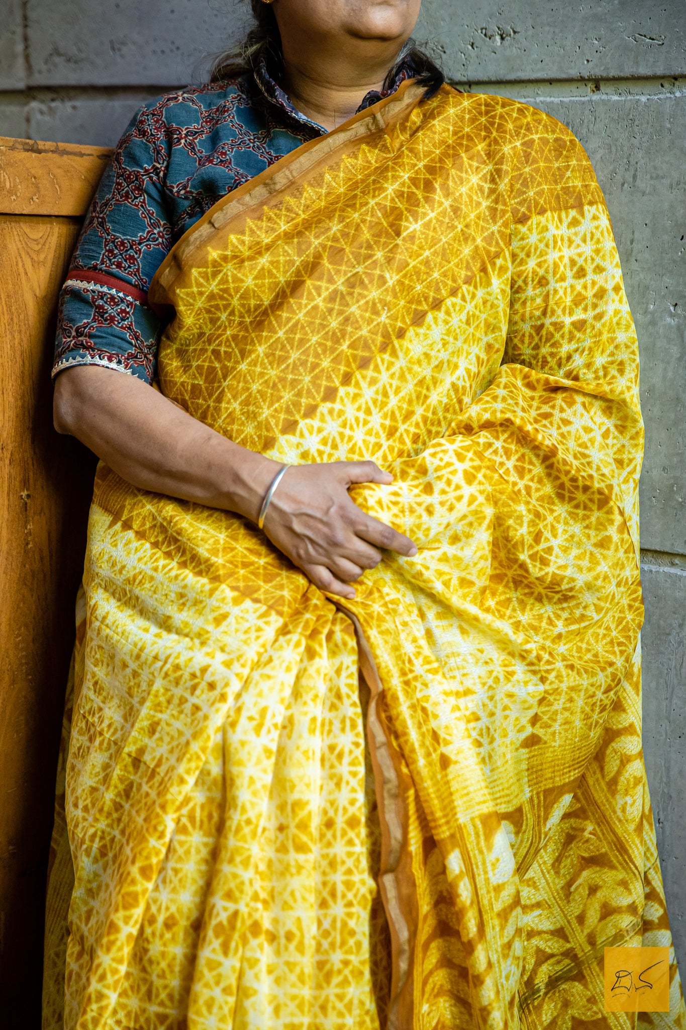 Maheshwari - Yellow & Brown Silk Cotton Shibori Handmade Saree