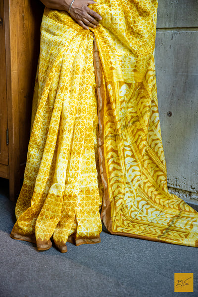 Maheshwari - Yellow & Brown Silk Cotton Shibori Handmade Saree