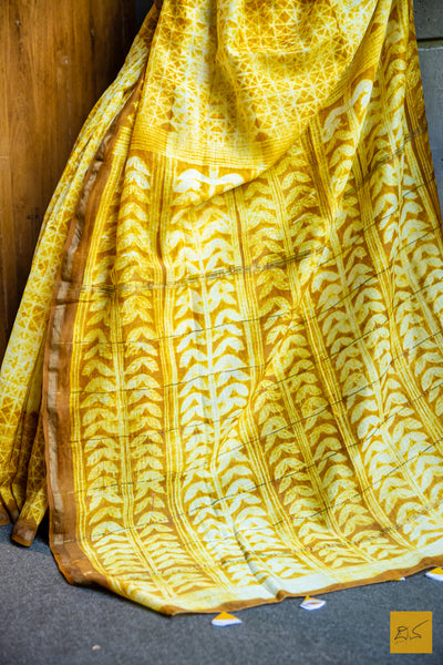 Maheshwari - Yellow & Brown Silk Cotton Shibori Handmade Saree