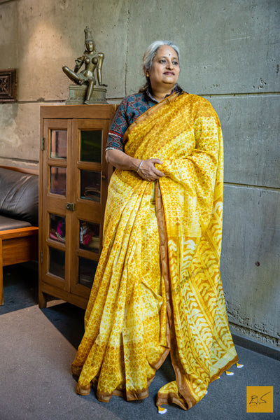 Maheshwari - Yellow & Brown Silk Cotton Shibori Handmade Saree