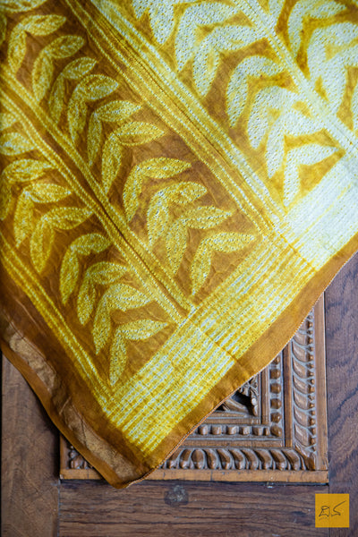 Maheshwari - Yellow & Brown Silk Cotton Shibori Handmade Saree