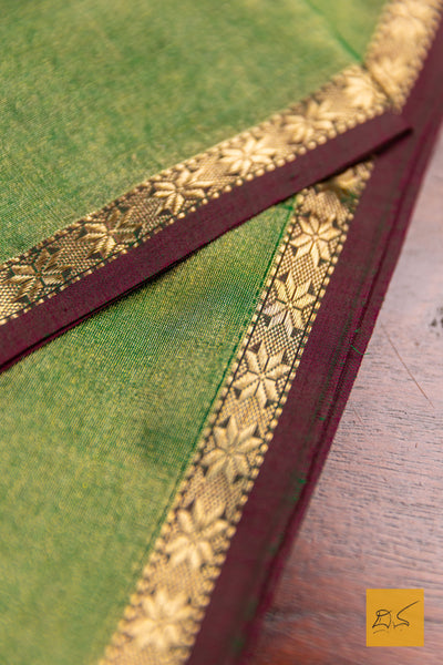 Dhruva- Green Maroon Maheshwari Tissue Handwoven Saree