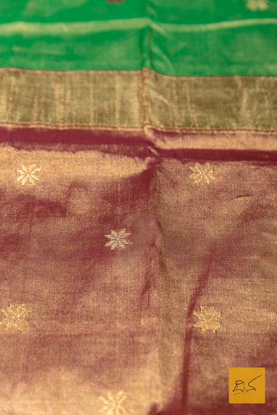 Dhruva- Green Maroon Maheshwari Tissue Handwoven Saree