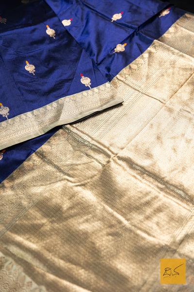 Ajiraa- Navy Blue Banarasi Katan Silk Handwoven Saree