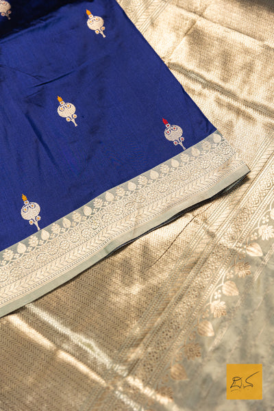 Ajiraa- Navy Blue Banarasi Katan Silk Handwoven Saree