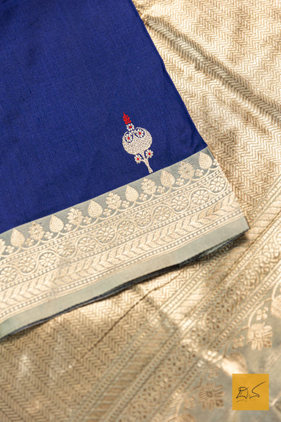 Ajiraa- Navy Blue Banarasi Katan Silk Handwoven Saree