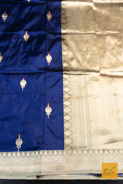 Ajiraa- Navy Blue Banarasi Katan Silk Handwoven Saree