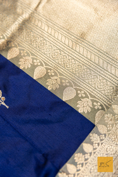 Ajiraa- Navy Blue Banarasi Katan Silk Handwoven Saree