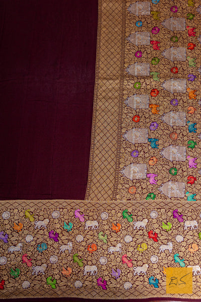 Tara- Burgandy Banarasi Georgette Handwoven Saree