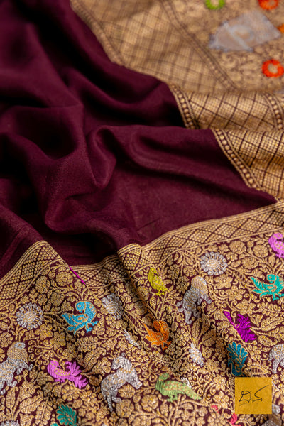 Tara- Burgandy Banarasi Georgette Handwoven Saree