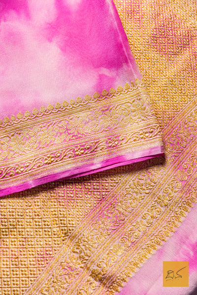 Saveri- Pink-Off white Banarasi Georgette Handwoven Saree