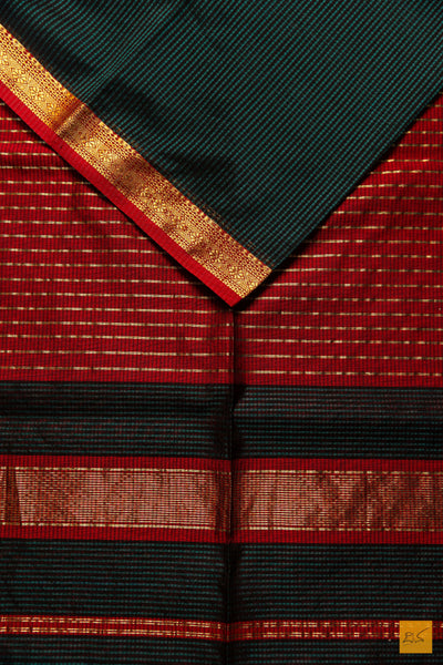 Kaali- Green-Red Maheshwari Garbh Reshmi Handwoven Saree