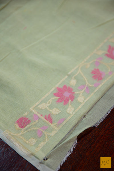 Pastel Green Banarasi  Cotton Handwoven Saree