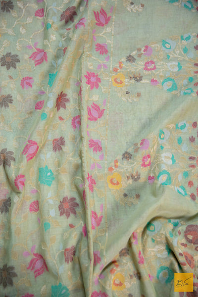 Pastel Green Banarasi  Cotton Handwoven Saree