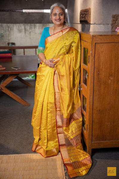 Moksha- Yellow Maheshwari Pure Silk Handwoven Saree