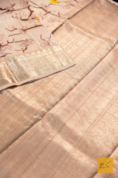 Abhava- Beige Banarasi Printed Tusser Silk Handwoven Saree