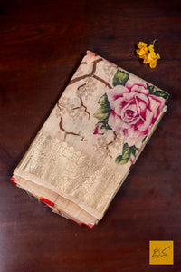 Abhava- Beige Banarasi Printed Tusser Silk Handwoven Saree