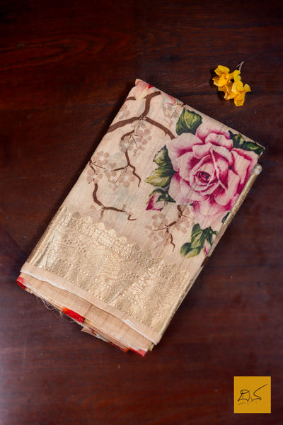 Abhava- Beige Banarasi Printed Tusser Silk Handwoven Saree