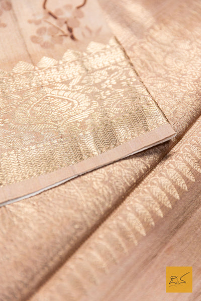 Abhava- Beige Banarasi Printed Tusser Silk Handwoven Saree