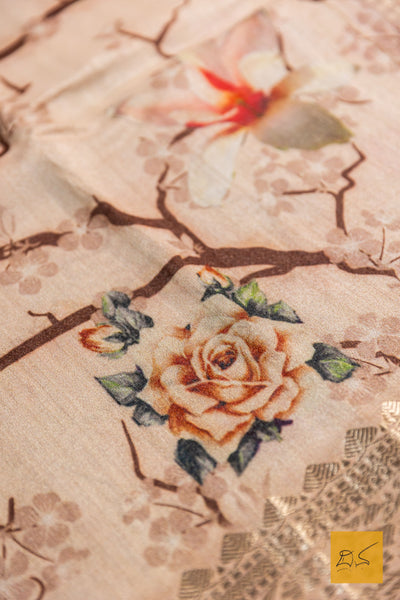 Abhava- Beige Banarasi Printed Tusser Silk Handwoven Saree