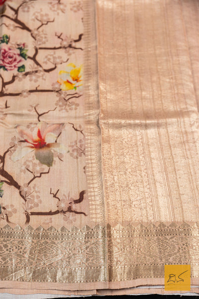 Abhava- Beige Banarasi Printed Tusser Silk Handwoven Saree