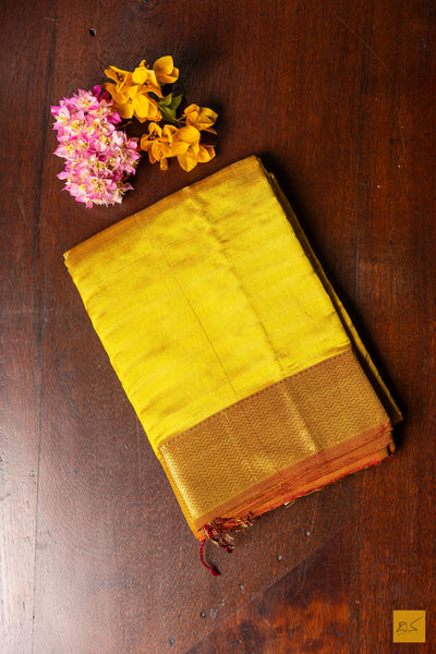 Moksha- Yellow Maheshwari Pure Silk Handwoven Saree