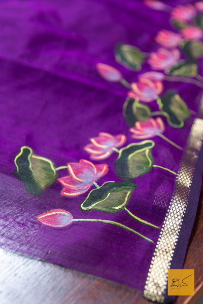 Purple Maheshwari Hand Painted Silk Cotton Handwoven Saree