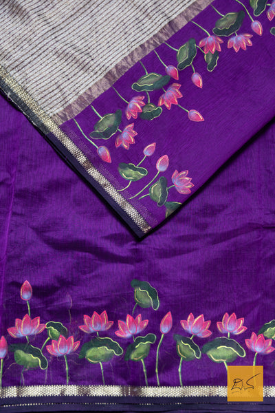 Purple Maheshwari Hand Painted Silk Cotton Handwoven Saree