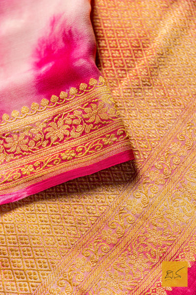 Sindhu- Pink-Off white Banarasi Georgette Handwoven Saree