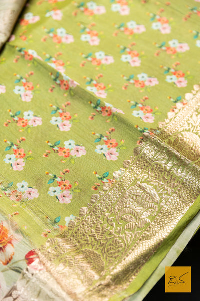 Krithini- Green Banarasi Printed Tusser Silk Handwoven Saree