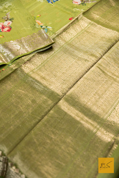 Krithini- Green Banarasi Printed Tusser Silk Handwoven Saree