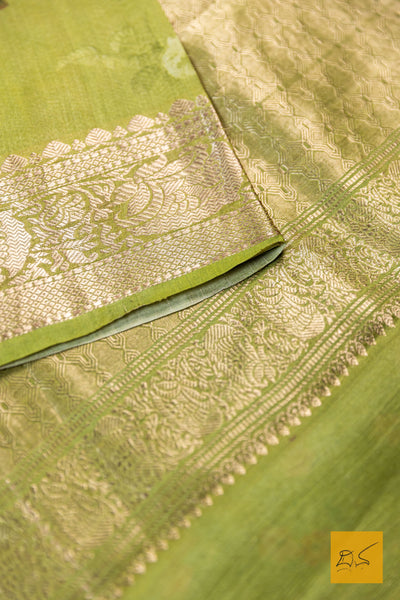 Krithini- Green Banarasi Printed Tusser Silk Handwoven Saree