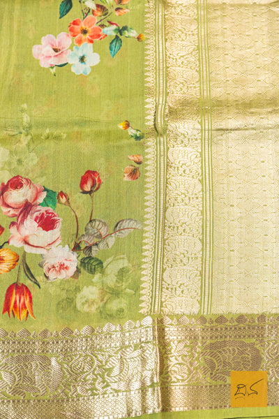 Krithini- Green Banarasi Printed Tusser Silk Handwoven Saree