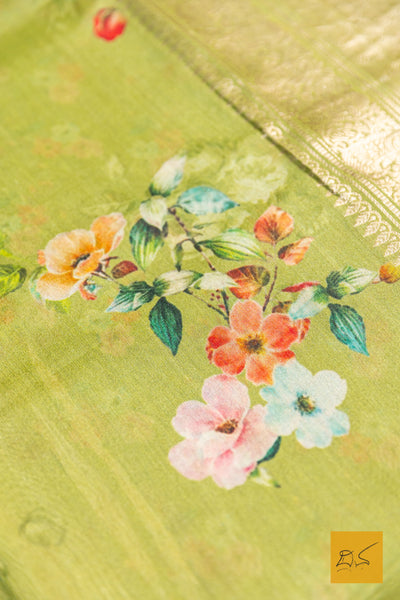 Krithini- Green Banarasi Printed Tusser Silk Handwoven Saree