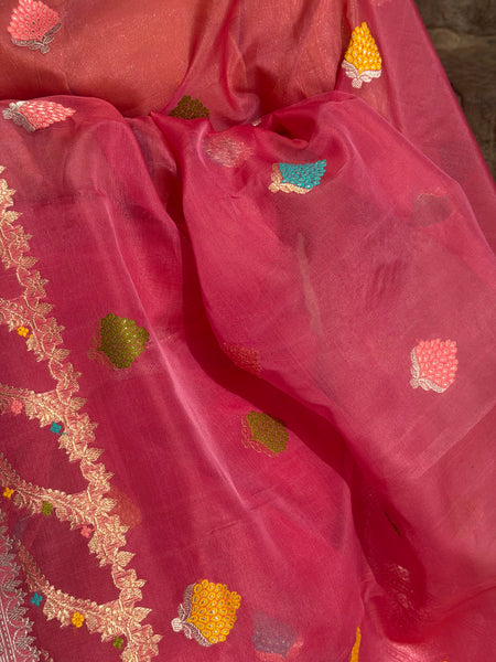 Nishpanka - Pink Banarasi Kora Silk Organza Handwoven saree