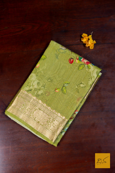 Krithini- Green Banarasi Printed Tusser Silk Handwoven Saree