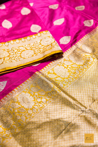 Adrika- Pink-Yellow Banarasi Katan Silk Handwoven Saree