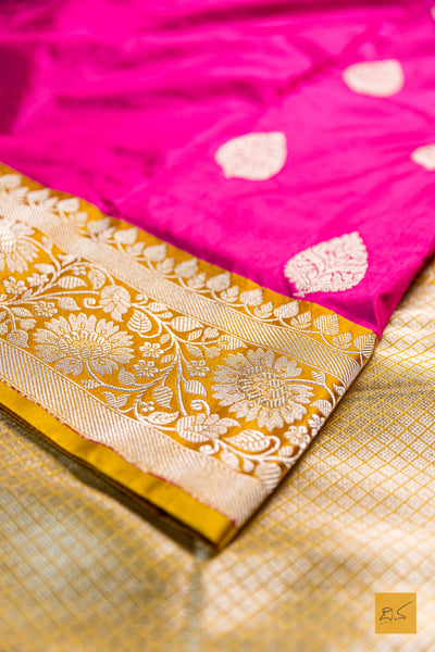 Adrika- Pink-Yellow Banarasi Katan Silk Handwoven Saree