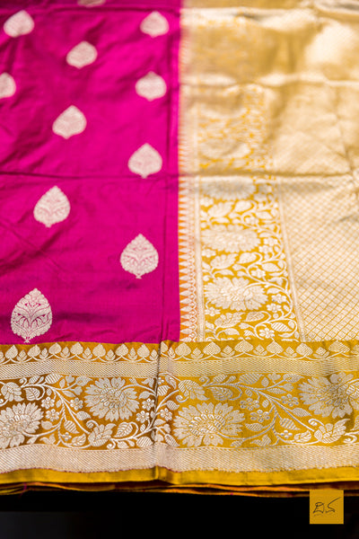 Adrika- Pink-Yellow Banarasi Katan Silk Handwoven Saree