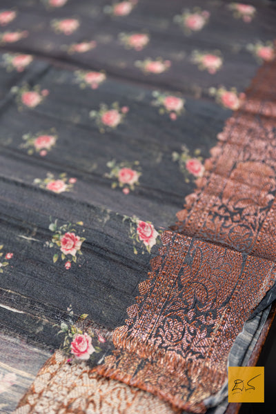 Dhareshi- Grey Banarasi Printed Tusser Silk Handwoven Saree