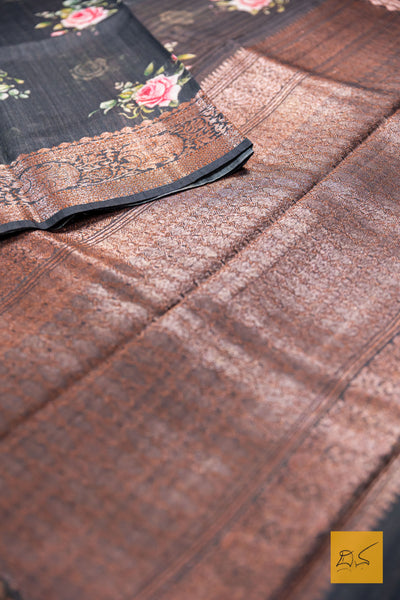 Dhareshi- Grey Banarasi Printed Tusser Silk Handwoven Saree
