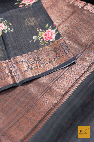 Dhareshi- Grey Banarasi Printed Tusser Silk Handwoven Saree