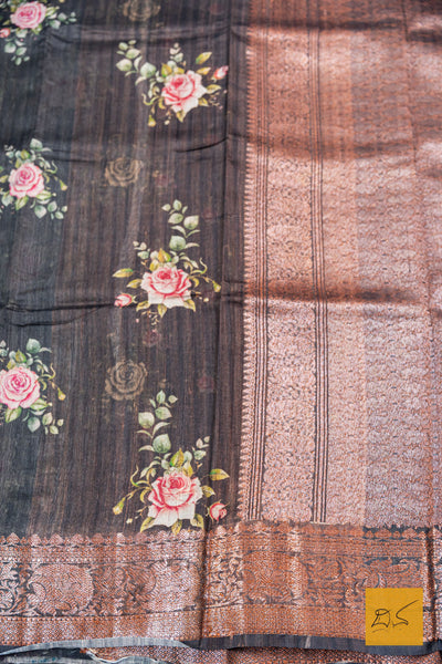 Dhareshi- Grey Banarasi Printed Tusser Silk Handwoven Saree